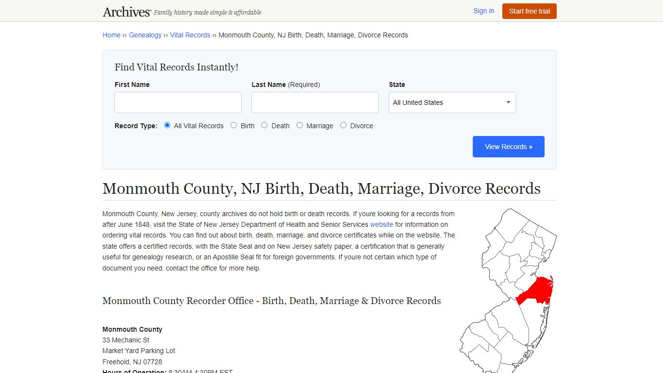 Monmouth County, NJ Birth, Death, Marriage, Divorce Records - Archives.com